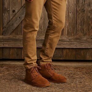 UGG Harkley Brown Boots Men's 8 Womens 10 Ankle Lace Up Suede Shearling Lined